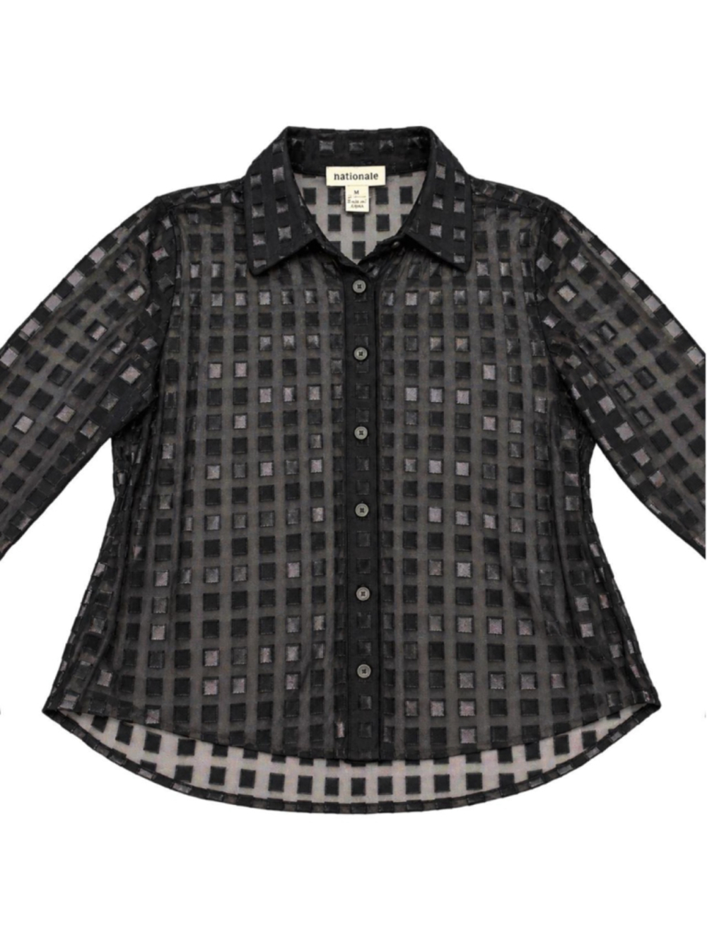 Sheer black geometric grid button-up blouse by Notations Woman